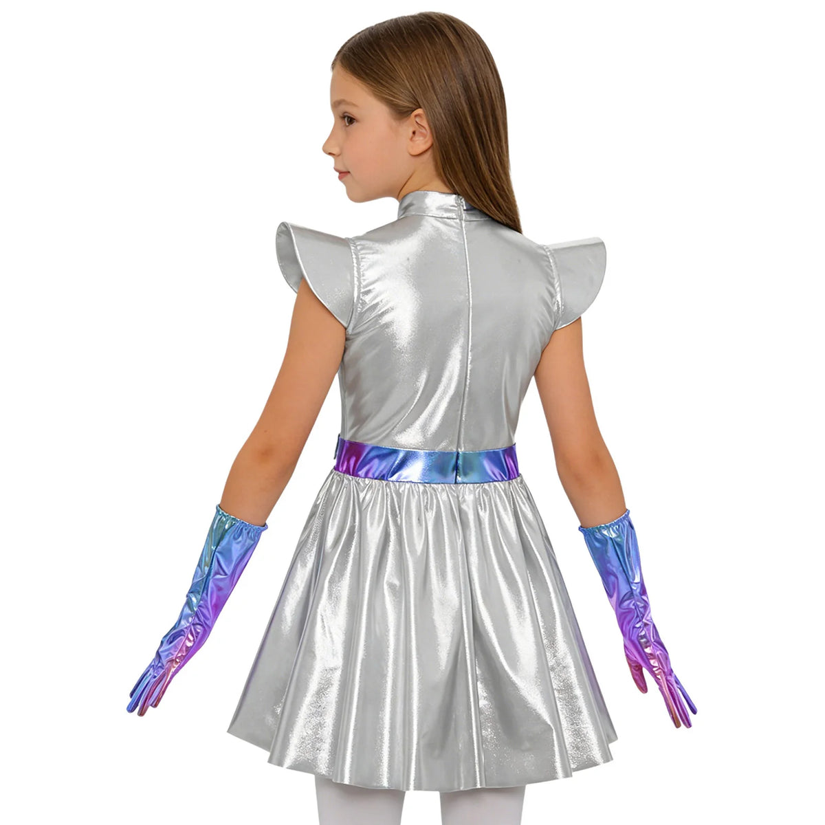Kids Girls Alien Cosplay Costume Hollow Out Flying Sleeve Metallic A Line Dress with Gloves for Halloween Robot Outerspace Party