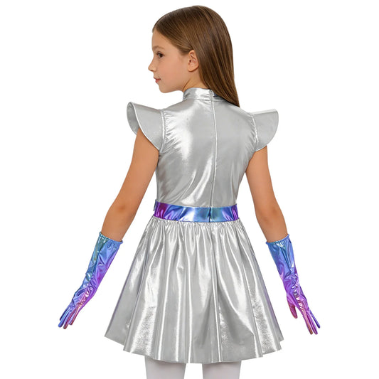 Girls Alien Costume Dress – Metallic A-Line Dress with Gloves for Halloween, Sizes 6–16