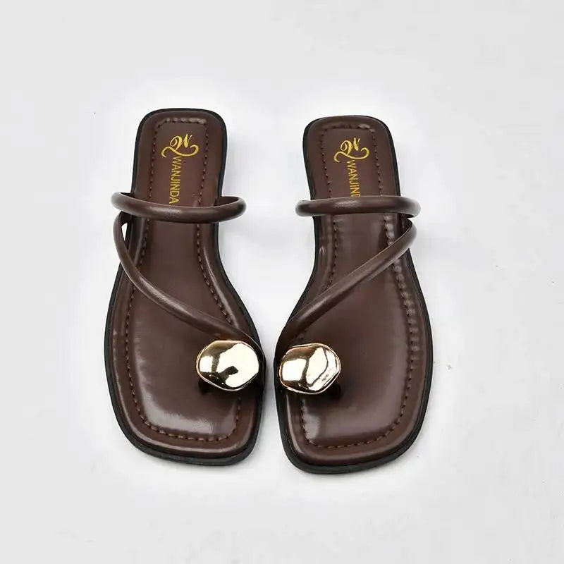 2026 New Summer Women Sandals Black Flat Slippers Gold Metal Button Decor Open Toe Slide Shoes Elegant Outdoor Beach Flip Flops