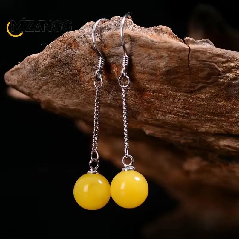 Natural Chicken Oil Yellow Beeswax Round Bead Earrings New S925 Silver Red Amber Eardrops Luxury Classic Women's Jewelry Mascots