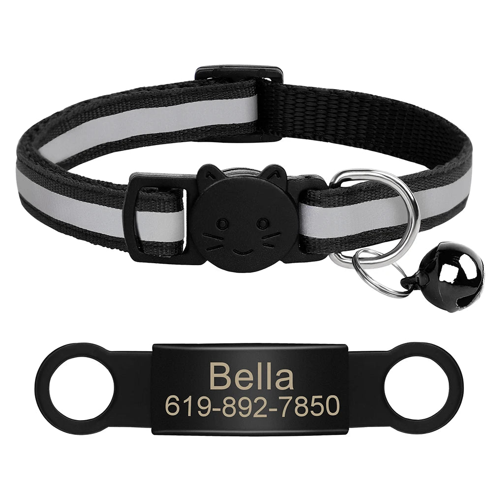 Customized Cat Collar Reflective Cat Collar Free Engraved Puppy Kitten Pet ID Nameplate Necklace With Bell Anti-lost For Cats