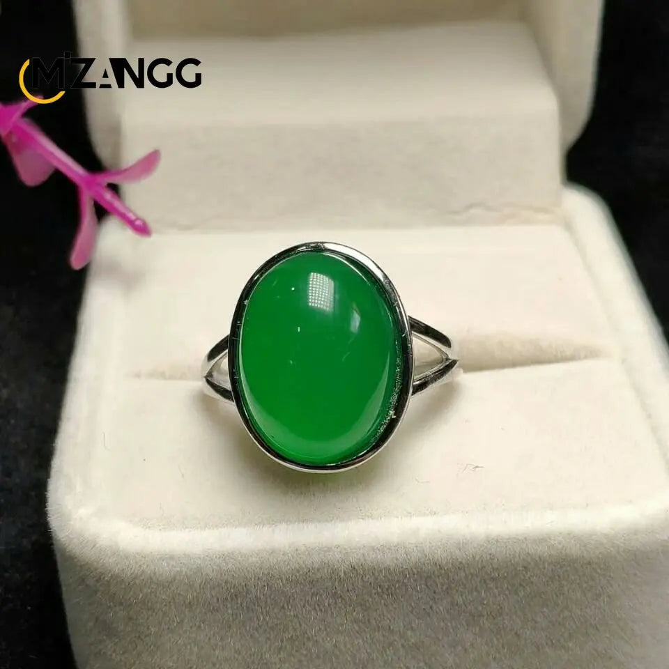 S925 Silver Inlaid Agate Ring Opening Adjustable Natural Green Chalcedony Hand-carved Ring Fashion Boutique Jewelry Women Ring