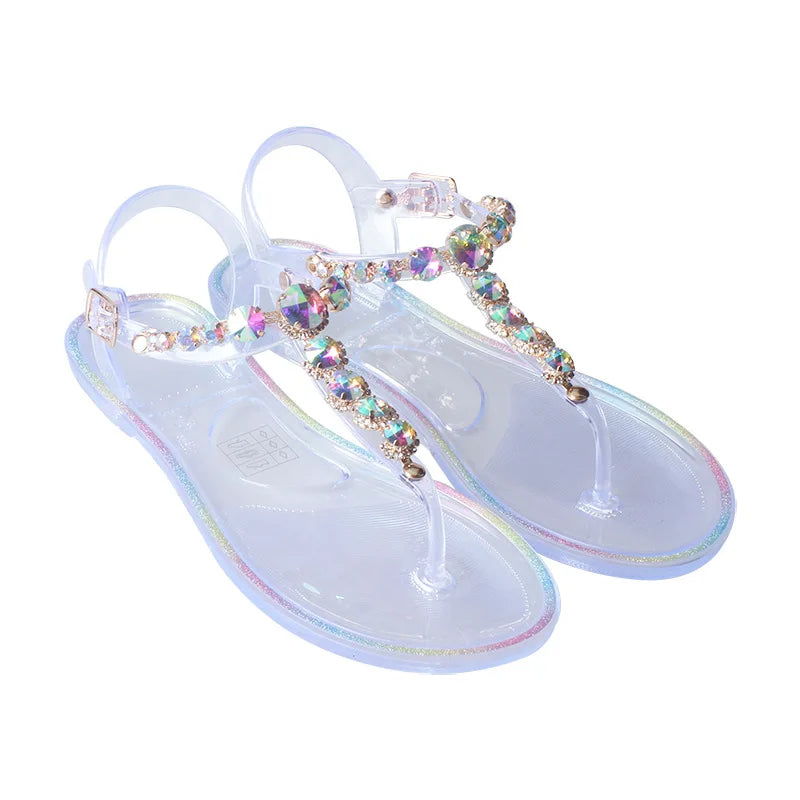 Size 36-42 Women Girls Jelly T- Tied Sandals INS Hot Sales Diamond Transparent PVC Summer Berach Flip-flop Shoes S1055