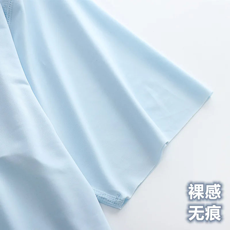Summer Ultra-thin Sleep Tops Liquid Ice Silk Round Neck High-elastic Leisure Home Cooling Bottom Tshirts Lightweight Pajama Top