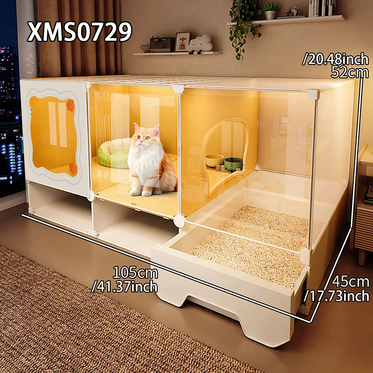 Cat Cage with Drawer-Type Litter Box, Indoor Kitten House with Toilet, Cat Cabinet with One Bedroom, One Living Room, and One Bathroom, Kitten Villa