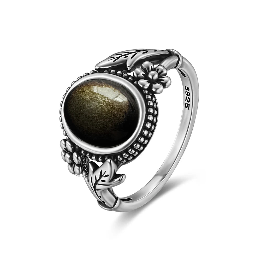 Vintage S925 Sterling Silver Ring Oval Round Natural Obsidian Ring Sun And Flower Shaped Retro Fine Jewelry For Women Men
