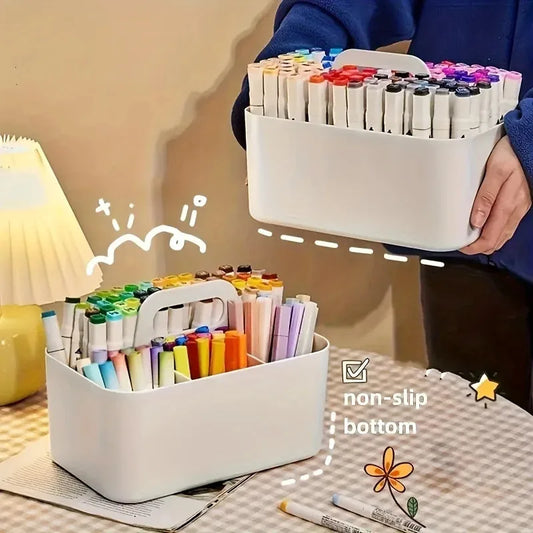 Portable 5-Compartment Storage Basket - Plastic Desk Organizer with Handle, Ideal for Pens, Pencils & Mixed-Color Stationery