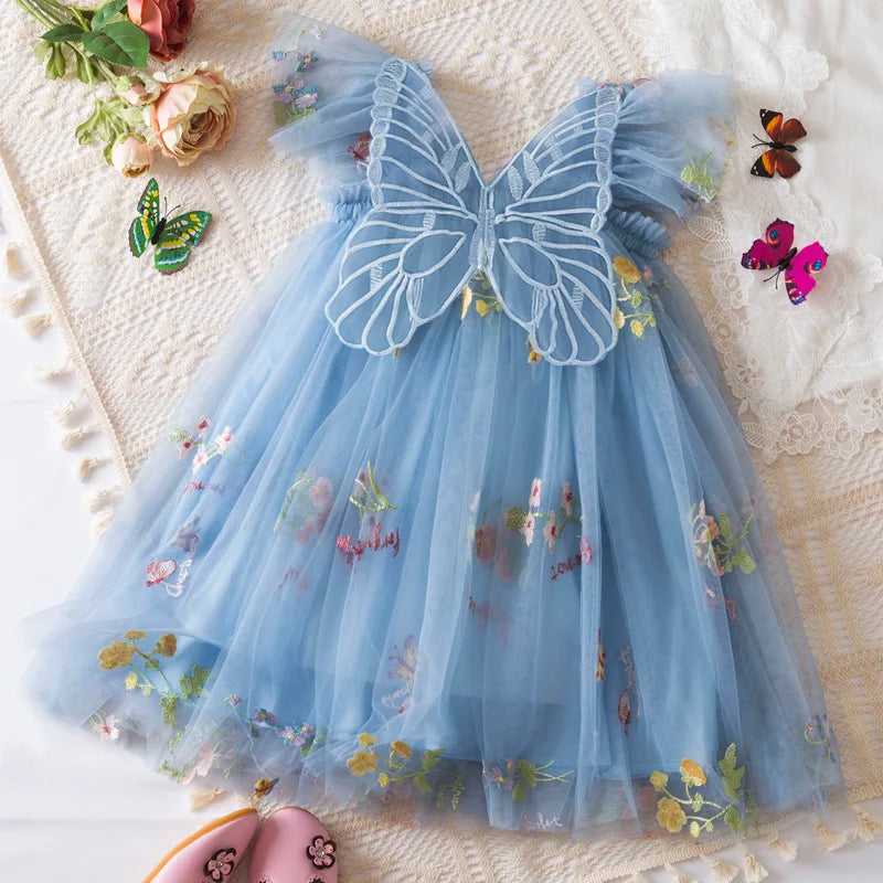 Summer Baby Girl Butterfly Wing Princess Dress Floral Embroidery Sleeveless Gauze Dress Girl Wedding Party Costume Nine Colors