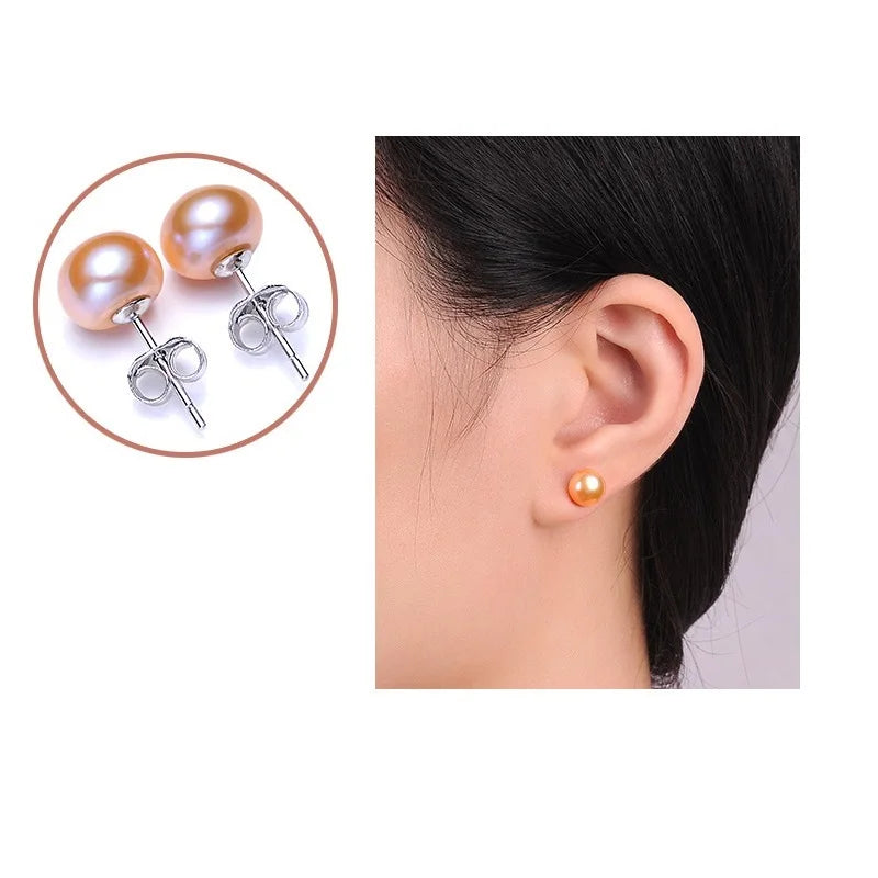 Natural Freshwater Pearl Stud Earrings For Women Luxury Fine Jewelry Real 925 Sterling Silver Earrings
