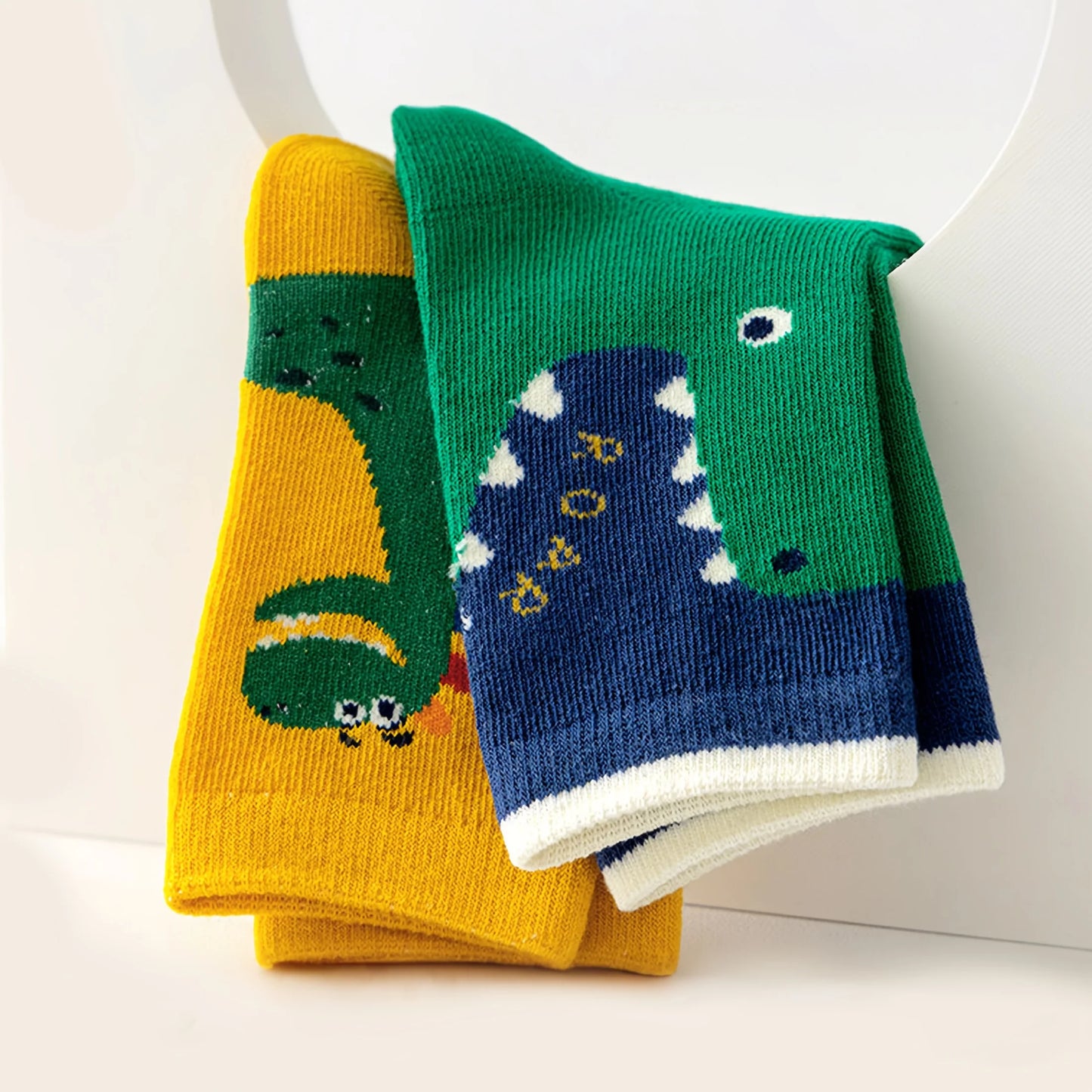 5 Pairs of Children's Floor Socks with Letter Stripes, Cartoon Big-Eyed Dinosaur Pattern, Boys and Girls Baby Toddler Soft-Soled Indoor Non-Slip Mid-Calf Socks, Suitable for Casual Daily Life