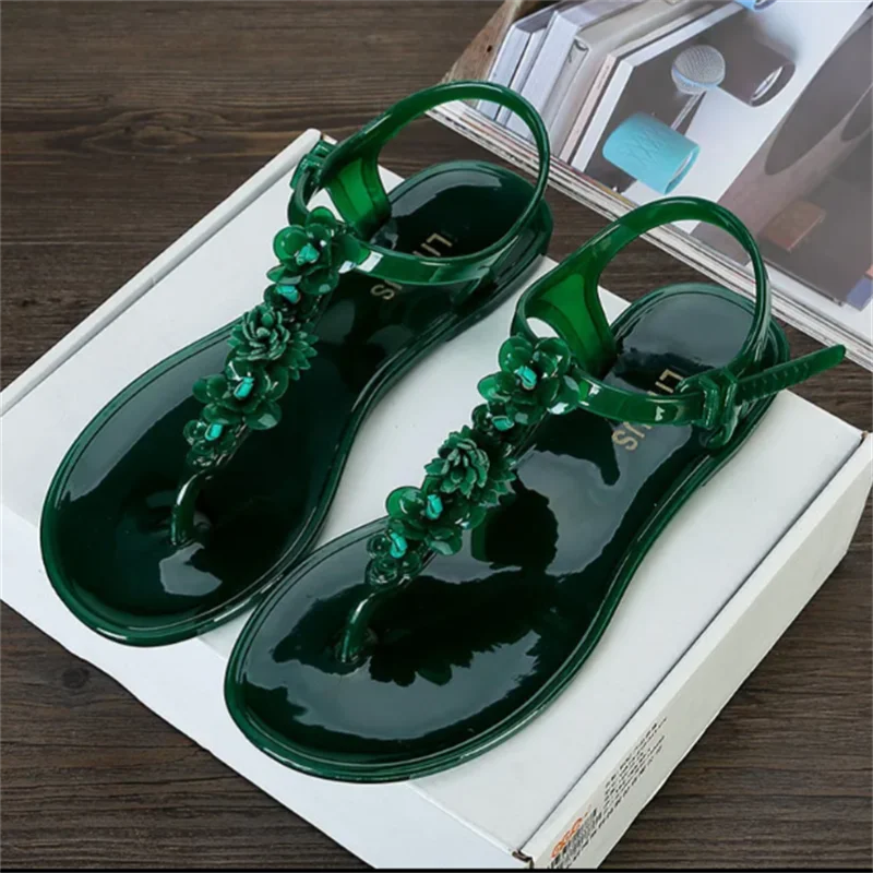 Sandals Women's Anti-slip Jelly Soft Sole Outer Wear Beach Waterproof Women Sandals Flat Bottom Hollow Flower Slippers