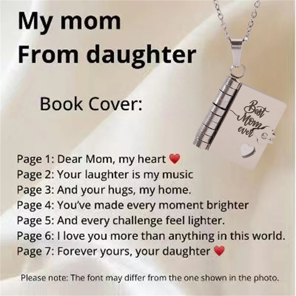 Mother’s Day Gift Best Mom Ever Book Necklace Stainless Steel Engraved Book Locket Necklaces Women Daughter Present for Mom