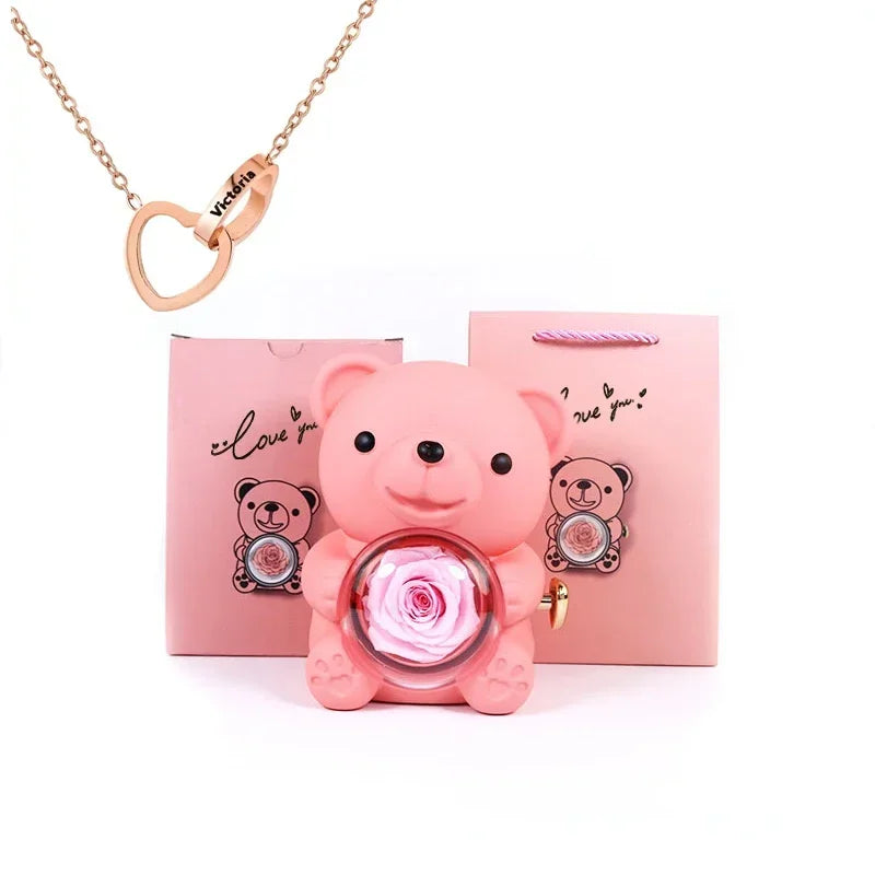 Mini Delicate Heart Engraved Necklace Lovely Bear Jewelry Boxes Valentine's Day Mother Day Birthday Gift Paper Bag Set