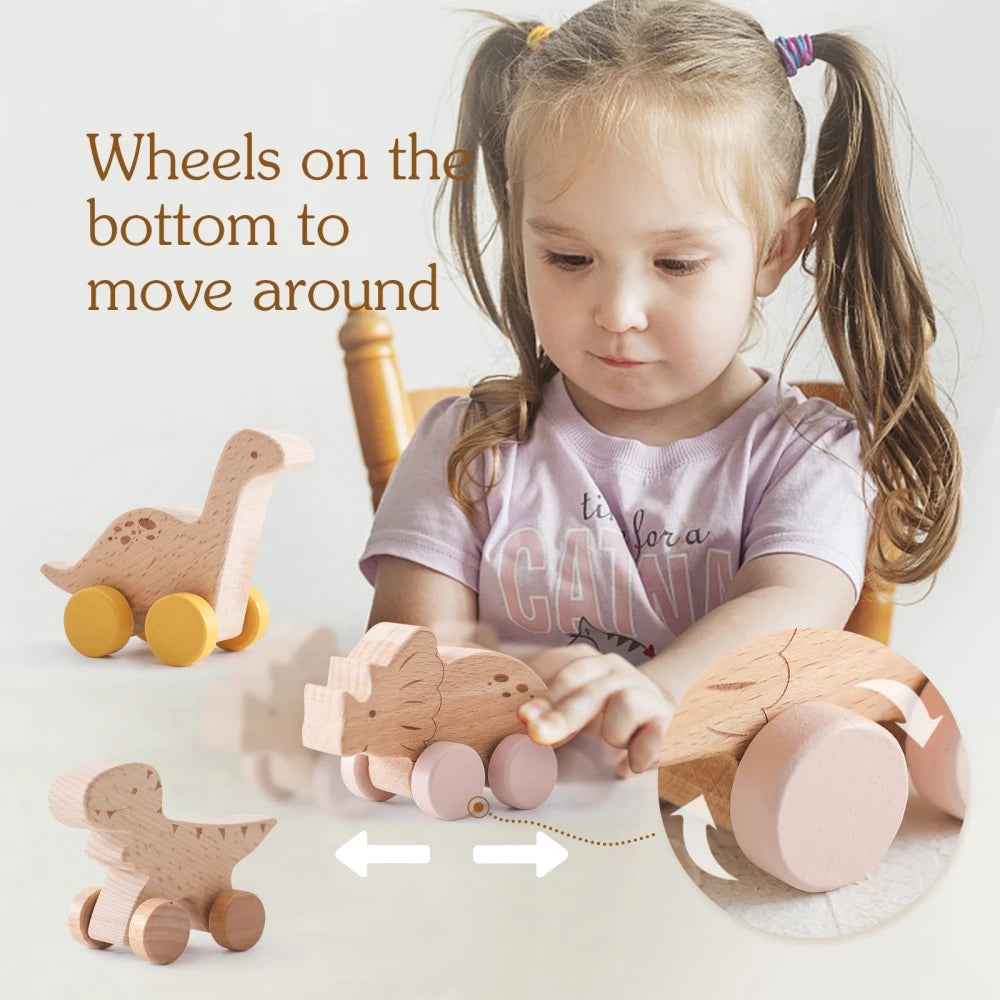 Wooden Baby Car Toys Beech Wooden Dinosaur Cartoon Car Teether Educational Montessori Toys For Children Teething Baby Toys