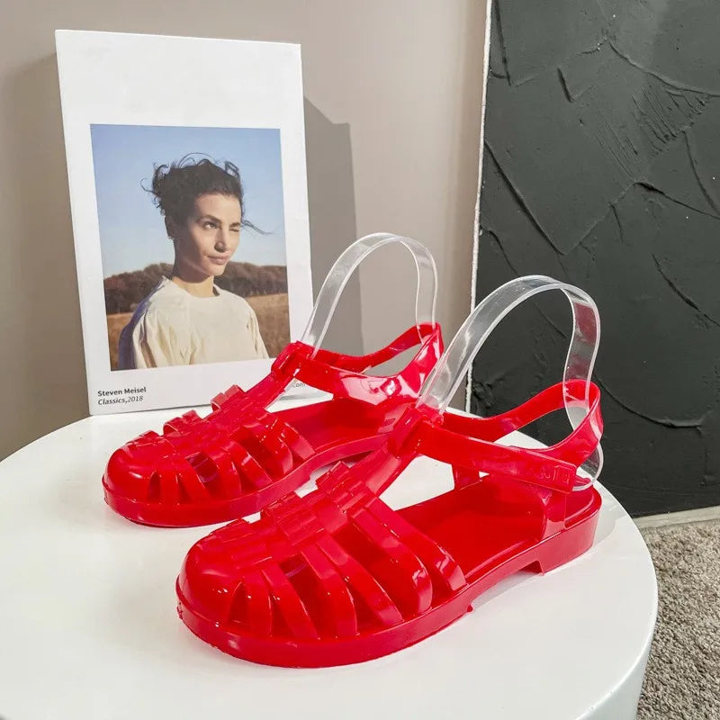 Summer Baotou Roman Women's Sandals Vintage Flat Heel Transparent Crystal Beach Shoes Flat Bottom Plastic Jelly Shoes SHW147