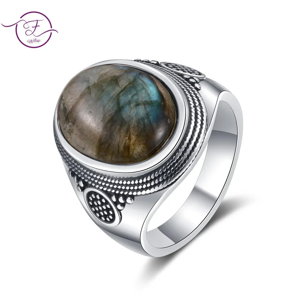 Vintage Natural Labradorite Ring for Women Men 10x14MM Oval Large Tiger Eye S925 Silver Plated Rings Boho Jewelry Gift FCGJHW