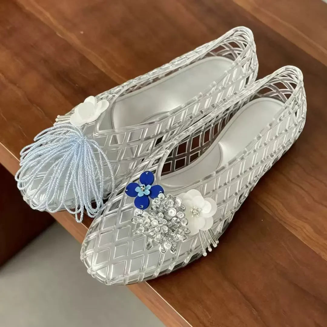 Women's Colorful Hollow Grid Flat Sandals Summer Ladies Flat Jelly Shoe DIY Non-slip Vacation Beach Shoes with Shoes Accessories
