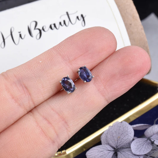 ITSMOS Iolite 6x4mm Natural Oval Shape Iolite Blue Gemstone White Gold Plated Stud Earrings Petite Studs Jewelry for Women