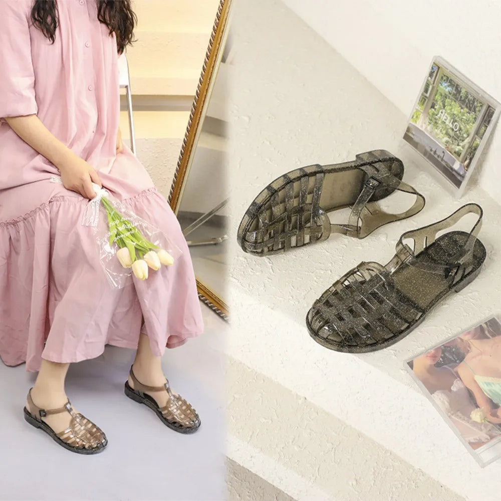Women's Fashion Retro Sandals Ladies Versatile Outwear Flat Jelly Shoes Adult Non-slip Student Waterproof Beach Shoes SHW146