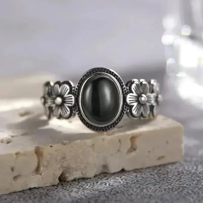 Vintage S925 Sterling Silver Rose Flower Ring With Oval 8*10mm Natural Moonstone Sweet Ring Fine Jewelry For Woman