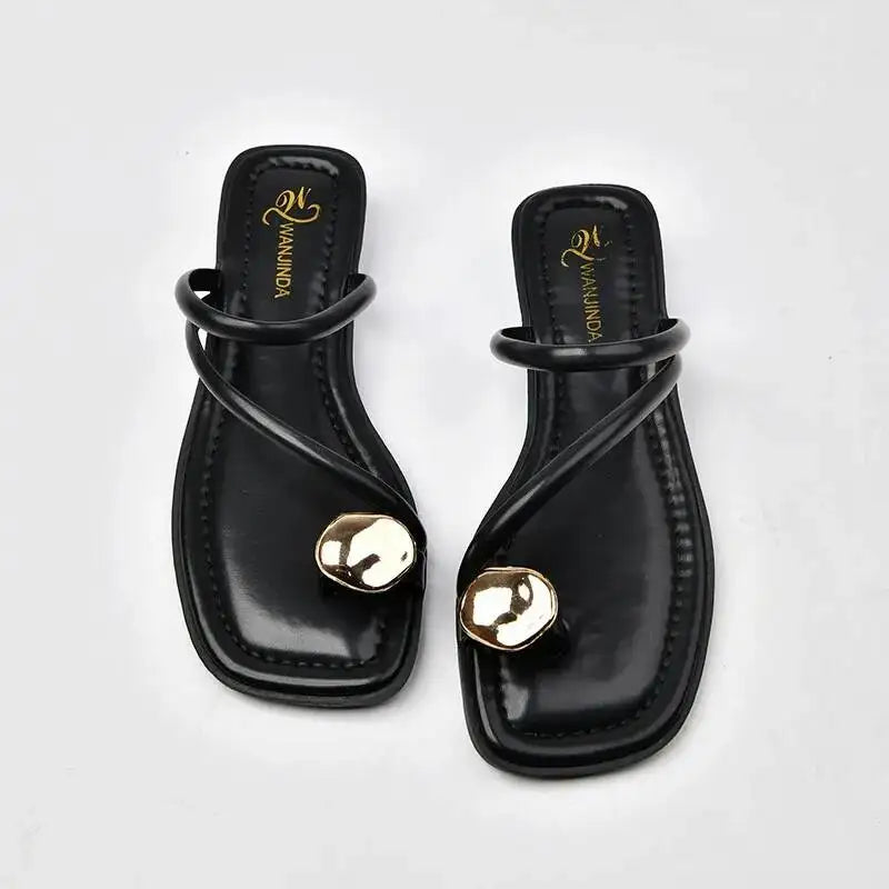 2026 New Summer Women Sandals Black Flat Slippers Gold Metal Button Decor Open Toe Slide Shoes Elegant Outdoor Beach Flip Flops