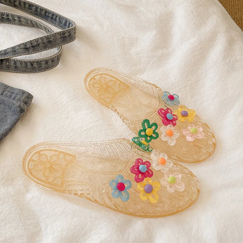 Fashionable Jelly Shoes Women's 2026 Summer Korean Style DIY Colorful Flower Mules Sandals Woman Transparent Crystal Beach Slide