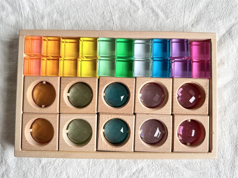 Wooden Montessori Toys See Through Blocks Mixed Acrylic Gems for Kids Open Play