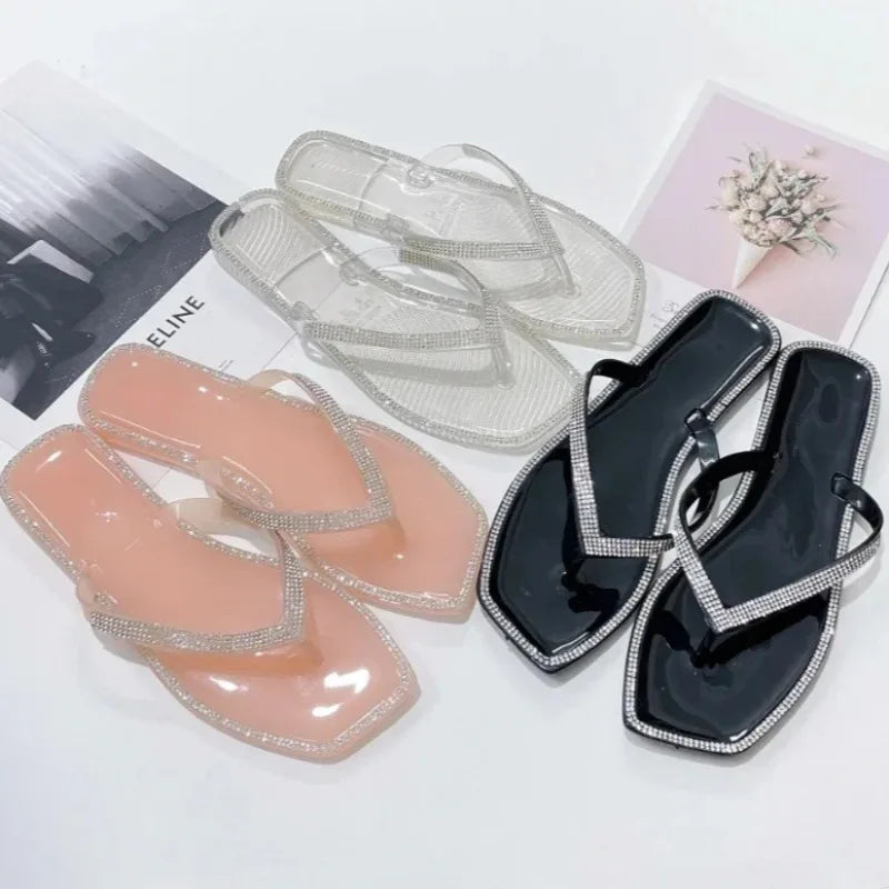 New Summer Square Toe Rhinestone Flip-flops Women's Slippers Fashion Flat Transparent Jelly Shoes Outdoor Casual Beach Slides