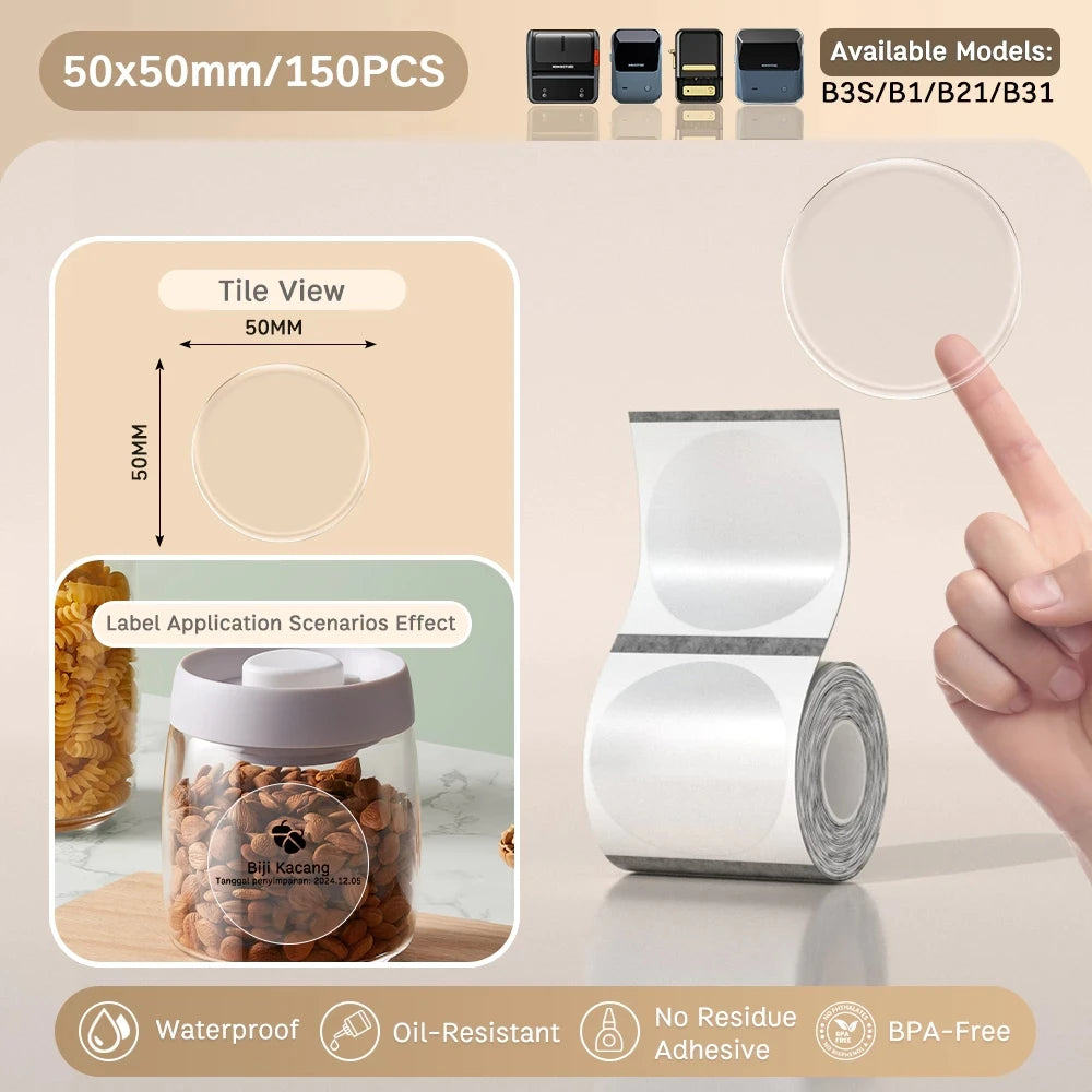 NIIMBOT B21/B1/B3s Transparent Label Printing Paper Name Sticker Waterproof Circle/square Thermal Label paper