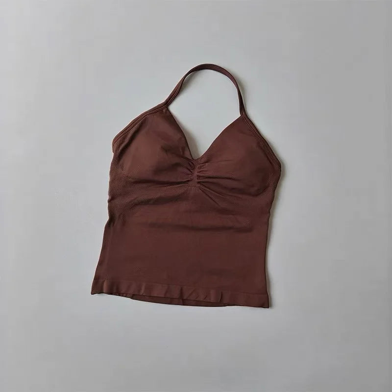 Sexy Halter Neck Beautiful Back High Waist Peach Sports Bras Shorts Suit Pilates Gathering Yoga Vest Training Fitness Bra Sets