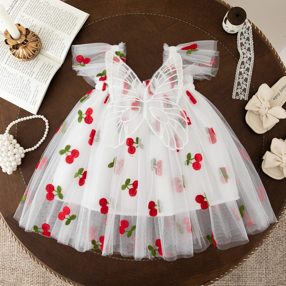 Summer Baby Girl Butterfly Wing Princess Dress Floral Embroidery Sleeveless Gauze Dress Girl Wedding Party Costume Nine Colors