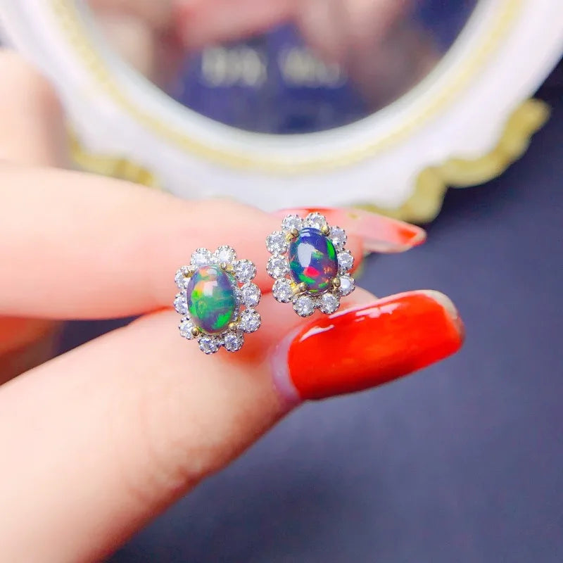 Natural Black Opal Earrings S925 Pure Silver with Certificate Fine Fashion Weddings Charm Jewelry for Women