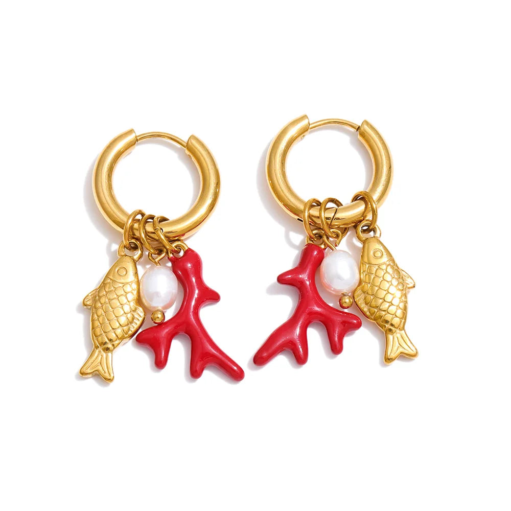 Yhpup Ocean Style Stainless Steel Natural Pearl Fish Drop Charm Earrings Summer Handmade Arrivals Ear 2026 Jewelry PVD Plated