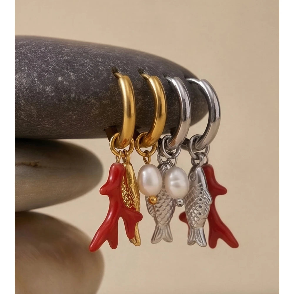 Yhpup Ocean Style Stainless Steel Natural Pearl Fish Drop Charm Earrings Summer Handmade Arrivals Ear 2026 Jewelry PVD Plated