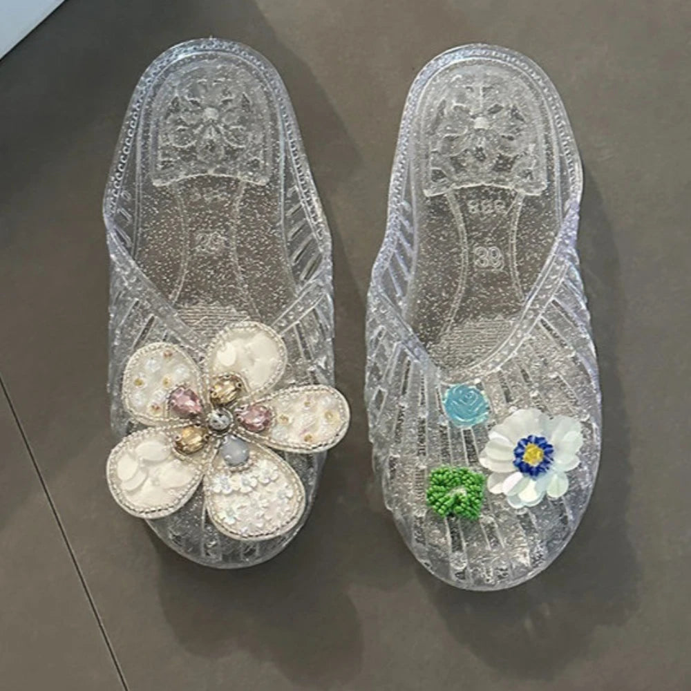 Summer Crystal Slip-On Flat Bottom Transparent Women's Sandals Outdoor Wear Flower Jelly Slippers Open-Toe Slippers Casual Shoes