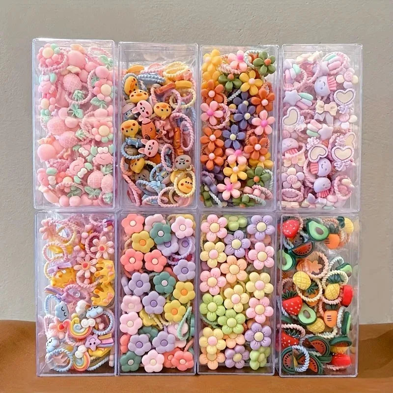 30pcs Girls High Elastic Hair Bands Non-Hurting Cartoon Animal Flower Fruit Decorative Hair Bands for Kids