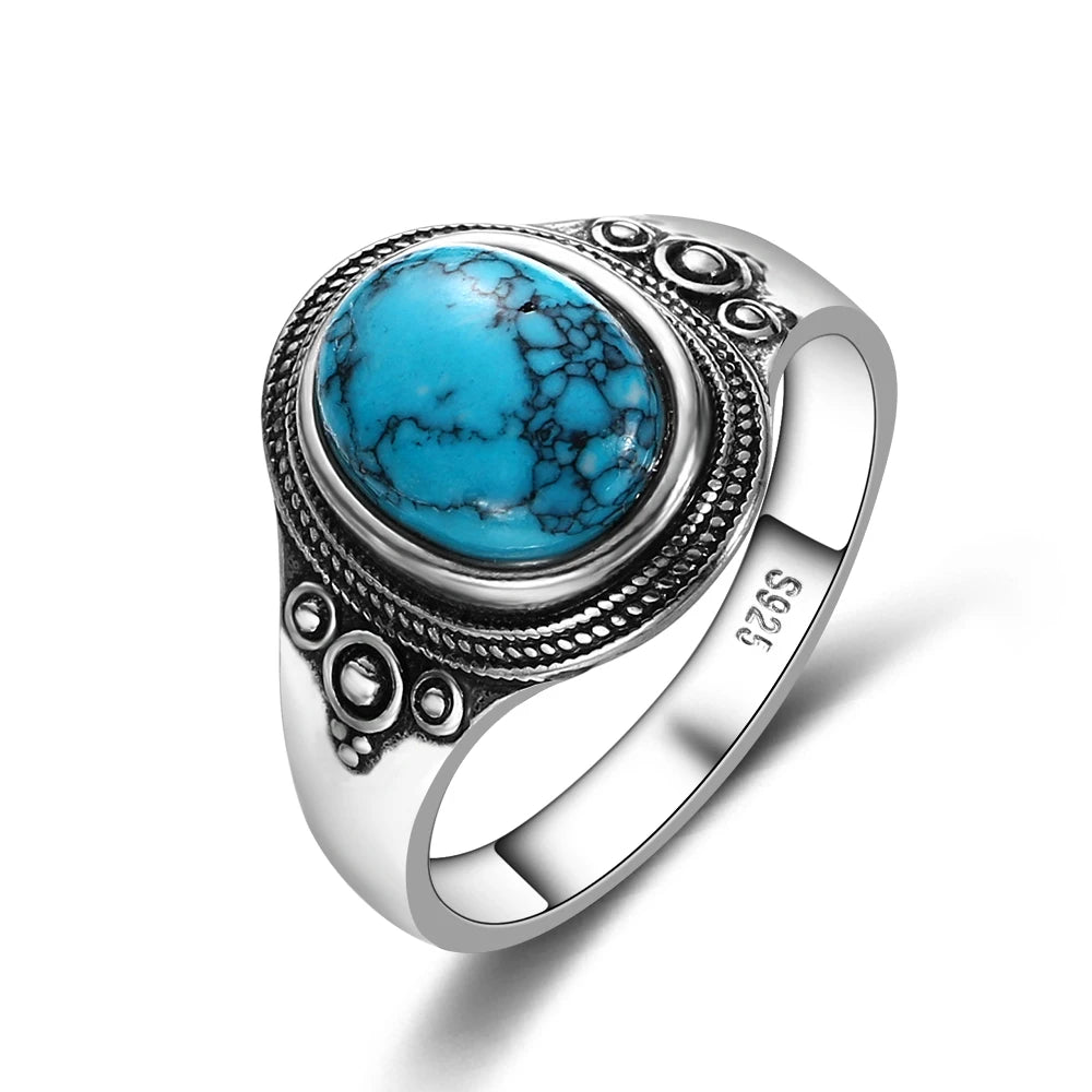 S925 Silver Oval Natural Turquoise Rings for Men Women Silver Fine Jewelry