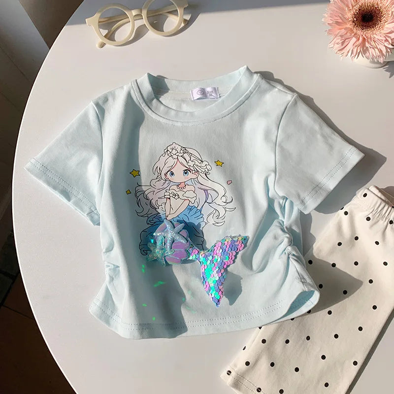 2-10T Mermaid Girls T Shirt Summer Toddler Kid Baby Clothes Short Sleeve Infant Princess Tee Top Loose Childrens Tshirt Outfit