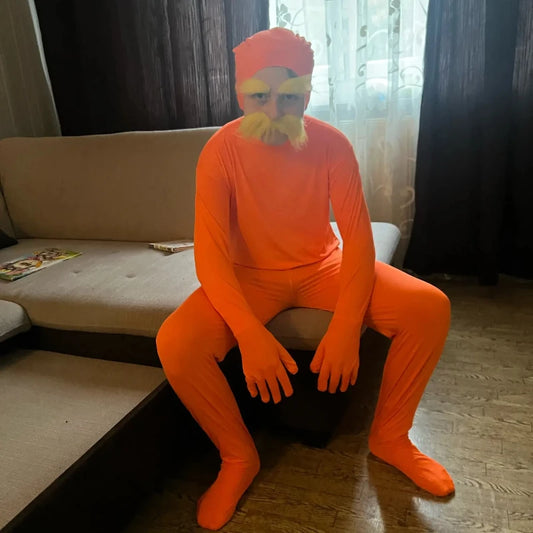 Orange Jumpsuit Costume with Moustache Print – Funny Halloween Bodysuit for Kids & Adults
