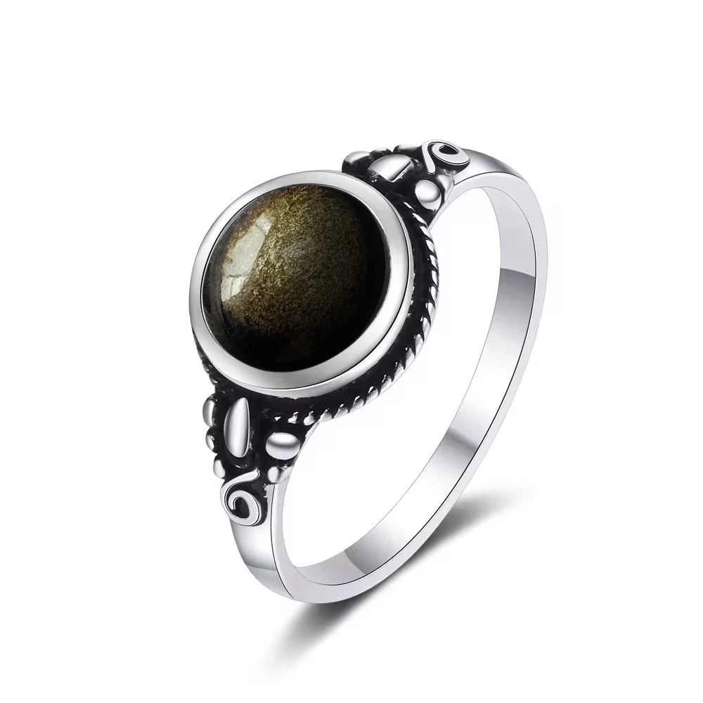 Vintage S925 Sterling Silver Ring Oval Round Natural Obsidian Ring Sun And Flower Shaped Retro Fine Jewelry For Women Men