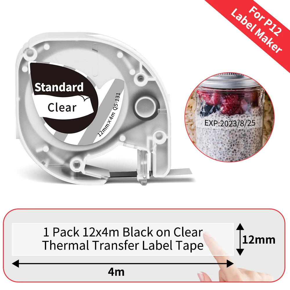 P12 Label Tape Compatible with Dymo LetraTag 200B Refills LT-100H Label Replacement for Phomemo P12 PRO Label Maker 12mm x 4m