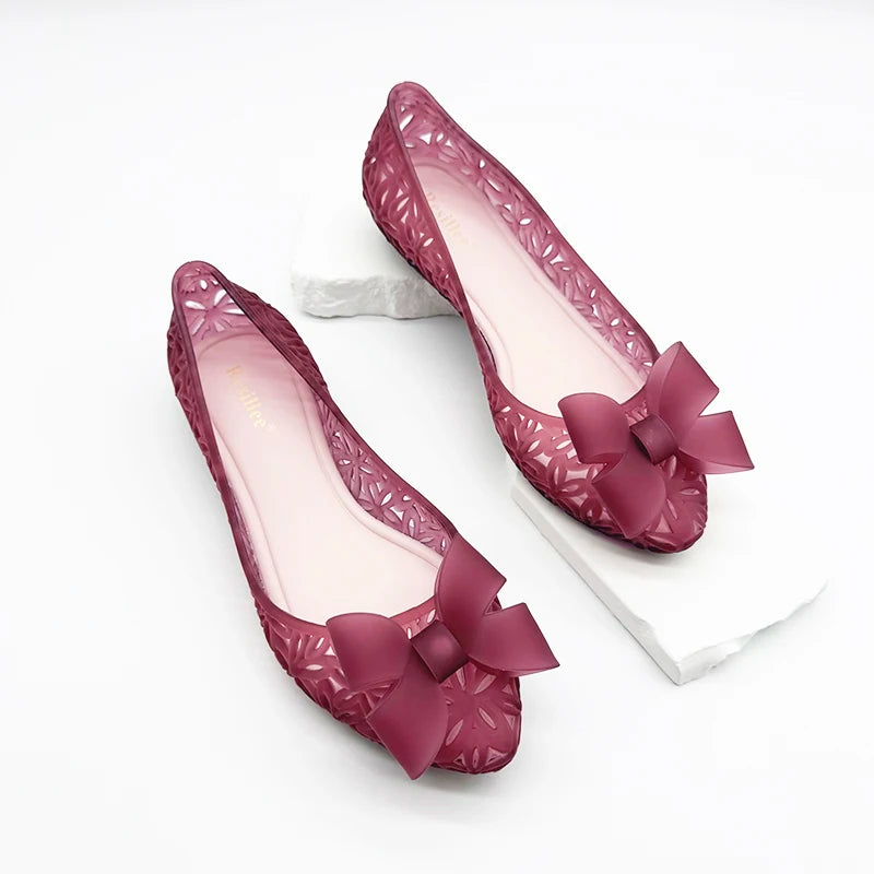 Resillee Women's Pointed Toe Ballet Flats Soft Waterproof Hollow Out Jelly Shoes Non-slip Slip-on Casual Shoes with Bow