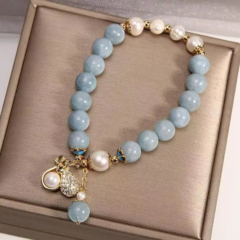 Aquamarine Fu Dai Pearl Bracelet - Chinese Lucky Symbol Jewelry