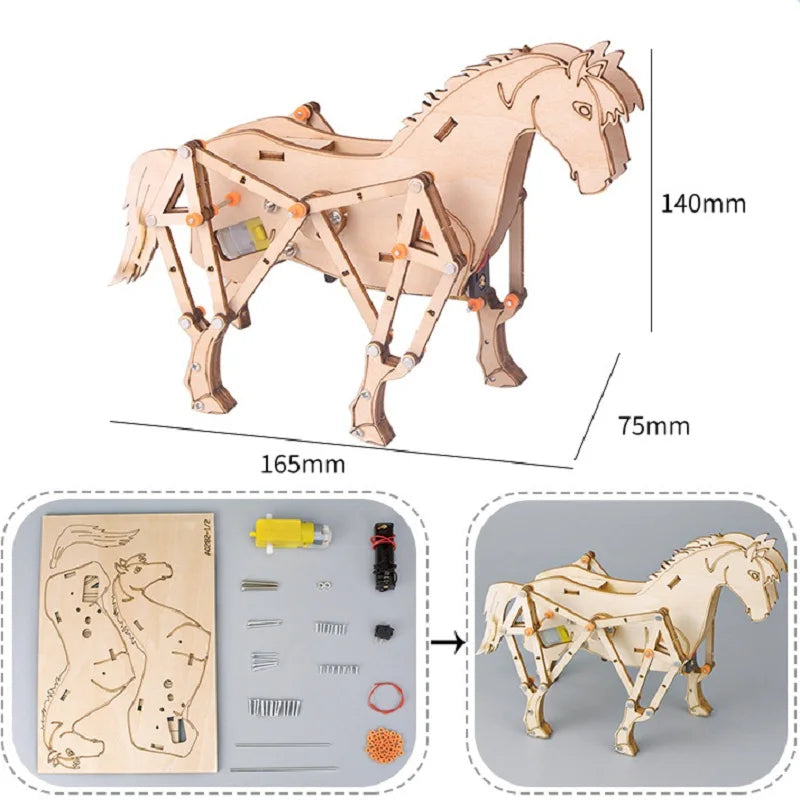 3D Wooden Puzzle DIY Assembled Model Mechanical Horse Science Discovery STEM Education Physics Experiment Kit For Children Gifts