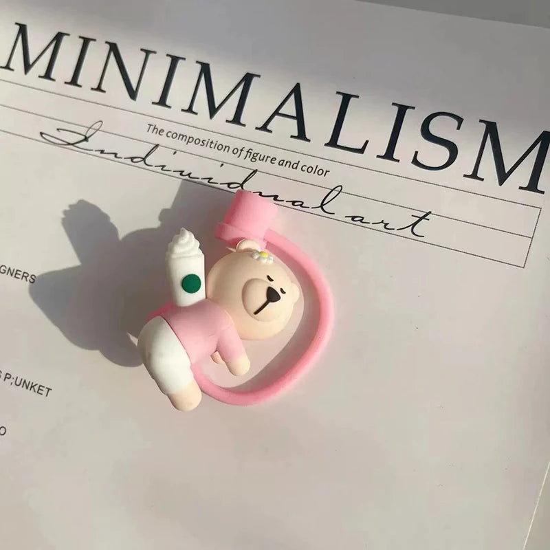 Cute Bear Straw Cover Dust Cap Silicone Kawaii Cherry Straw Toppers For Tumbler Pink Drinking Charm Decor Cover For 7-8mm Straws
