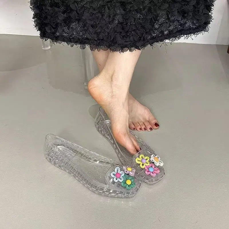Transparent Crystal Jelly Sandals Hollow Slippers Korean Design Shoes Women's Sauare Toe Shallow Slip Ballet Square-toed Shoes
