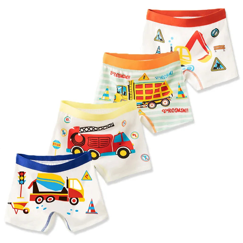 4-Pack Boy Boxer Brief High Quality Cotton Breathable Children Boxers Dinosaur Plaid Car Patterns Kids Underwear Age 3-14Years
