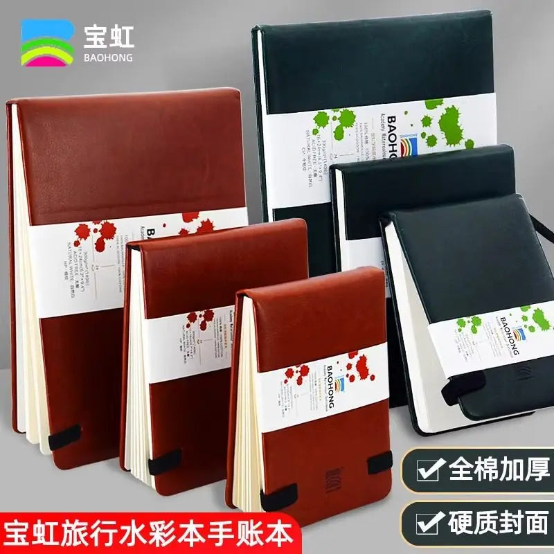 Baohong 24 Sheets Watercolor Travel book Leather Linen-Bound Cotton Paper Sketch Pads 300g Acid Free for On-the-Go Art Drawing