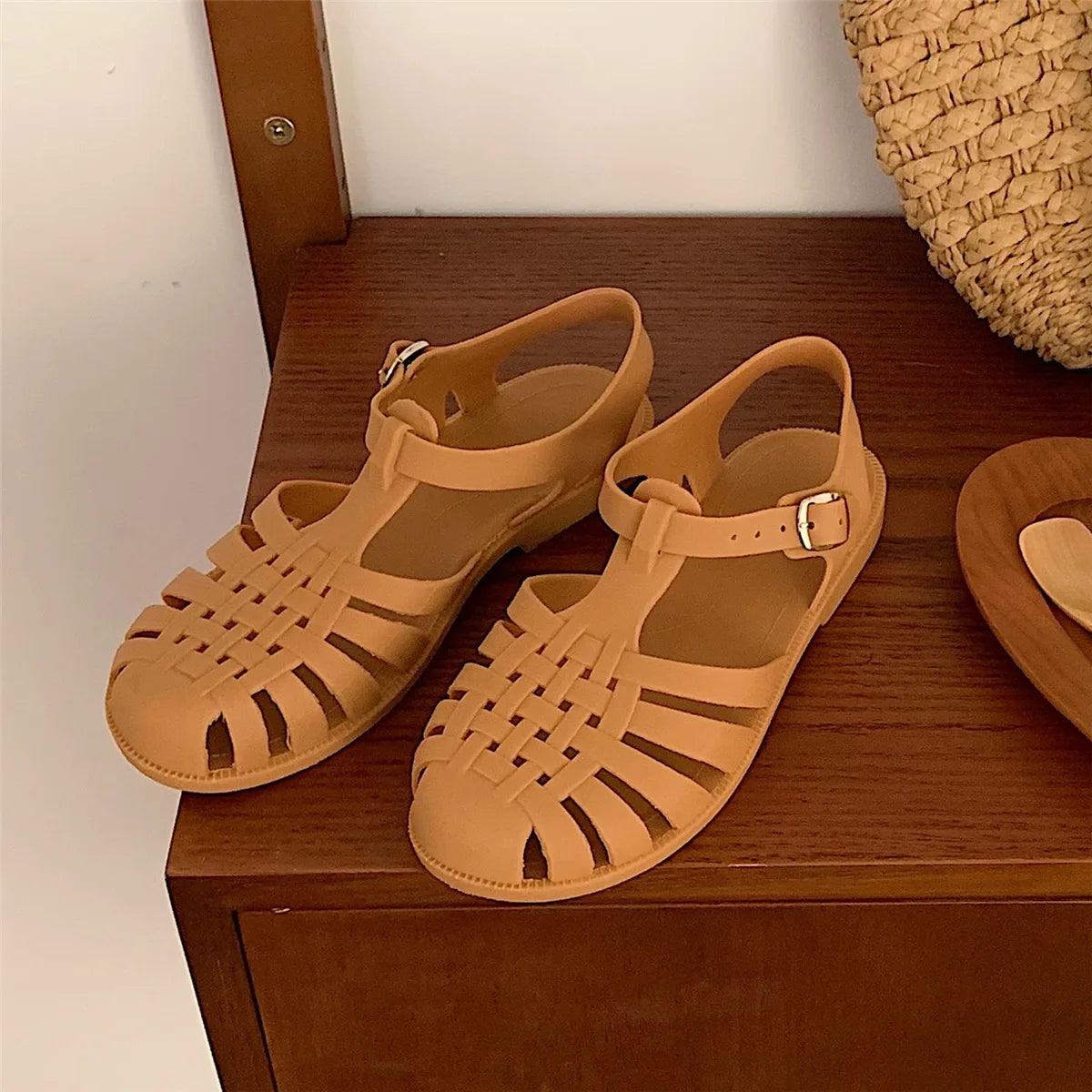 XIXITIAO Vintage Hollow Woven Roman Sandals Women Summer Korean-style INS Fairy Flat Closed-toe Jelly Beach Shoes