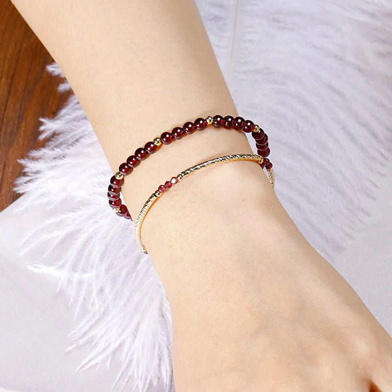 Exquisite 14k Gold Plated Wine Red Natural Garnet Beaded Bracelets for Women Female Lucky Fashion Jewelry Christmas Gifts YBR585